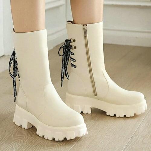Platform Square High Heel Women Ankle Boots PU Leather Cross Tied Ladies Punk Boots Round Toe Side Zipper Womens Boots Big Size