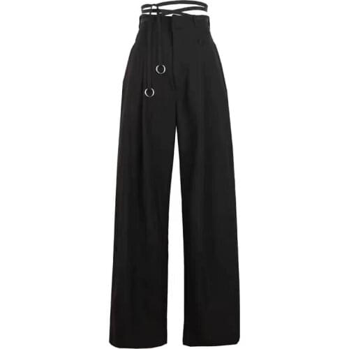 High Waist Black Pleated Bandage Long Wide Leg Trousers New Loose Fit Pants Streewear Women Fashion Tide Spring Autumn 2021