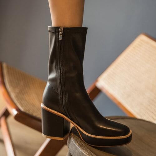 Genuine Leather Split Toe Womens Boots Chunky High Heel 2020 Women Boots Mujer Short Motorcycle Boots Bling Heels Boots