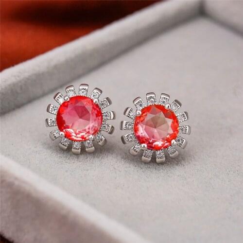 Female Cute Pink Yellow Crystal Earrings Dainty Rainbow Flower Stud Earrings For Women Rose Gold Silver Color Wedding Earrings
