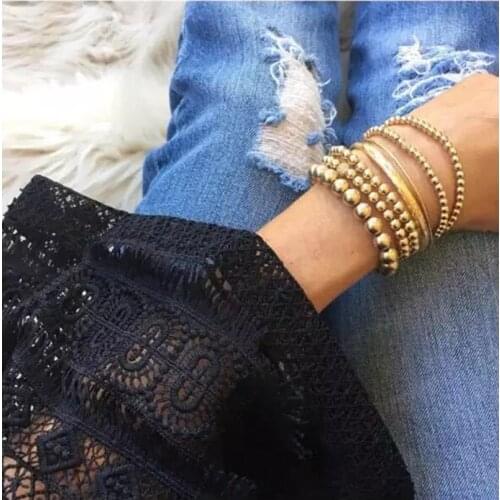 AOMU 1Set New Fashion Gold Color Big Round Beads Metal Bracelet for Women Trendy Handmade Beaded Bracelet Jewelry Gifts