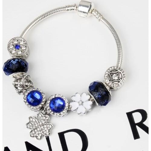 Crystal Flower Beads Bracelet Clover of Four Leaves Charm Bracelet Womens Jewelry