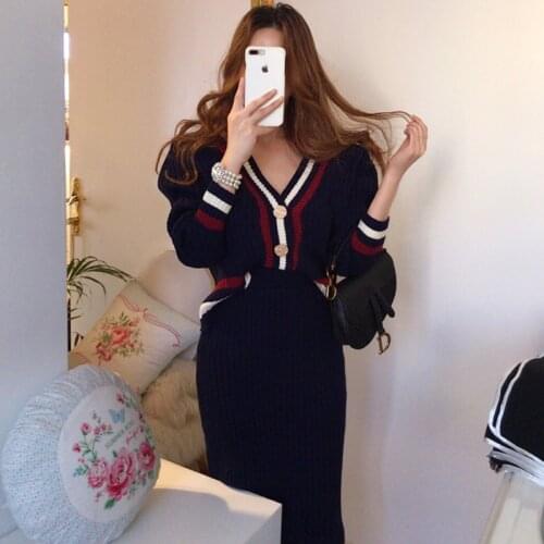Autumn Two Piece Set Women Single Breasted V-Neck Sweater Cardigans + Elastic Waist Long Straight Skirts Set Elegant Suit C615