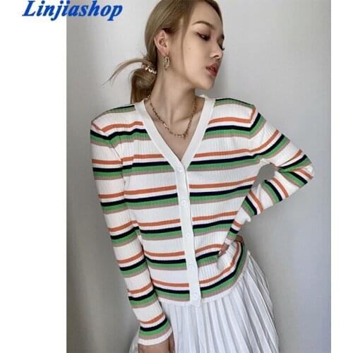 Chic autumn winter sweaters multicolor stripe v neck knitted cardigan for women autumn soft single-breasted womens sweaters