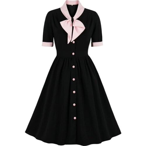Holiday Tie Neck Vintage Style Single-Breasted Half Sleeve Fall Clothes for Women Black Knee Length Polyester Dress 2021 Elegant