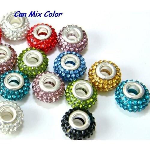 10mm*14mm mixed 15 Color In Random rhinstone beads bracelet making silver plated Big Hole Beads European bead crystal g34s