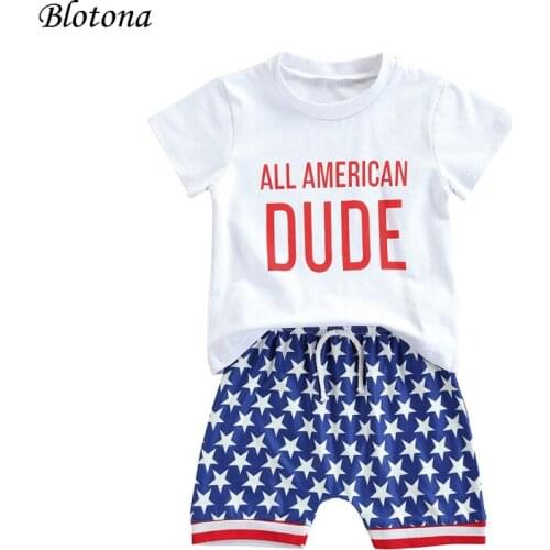 Blotona Baby Boys Independence Day 2Pcs Clothes Set, Summer Short Sleeve O-Neck Letter Print T-shirt and Shorts 6Months-4Years