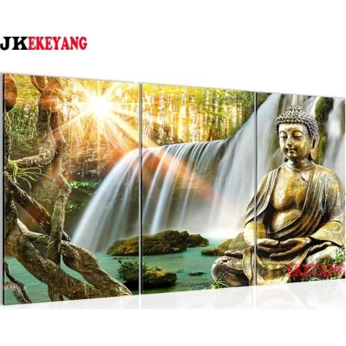 3pcs 5D Diy round/square diamond painting Waterfall and buddha Diamond Mosaic Embroidery cross stitch Y4323