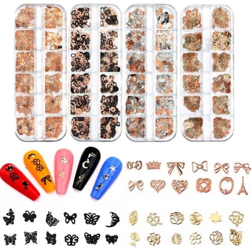 300pcs /box Metal Chip Nail Rhinesrones Mix 12 Styles /Box Chrome Nail Charms Gold Rose Gold Black Silver 25 Models
