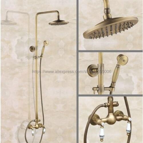 Antique Brass Wall Mount 8 inch Bathroom Shower Faucet Mixer Taps Dual Handle with Hand Held Shower Ban103