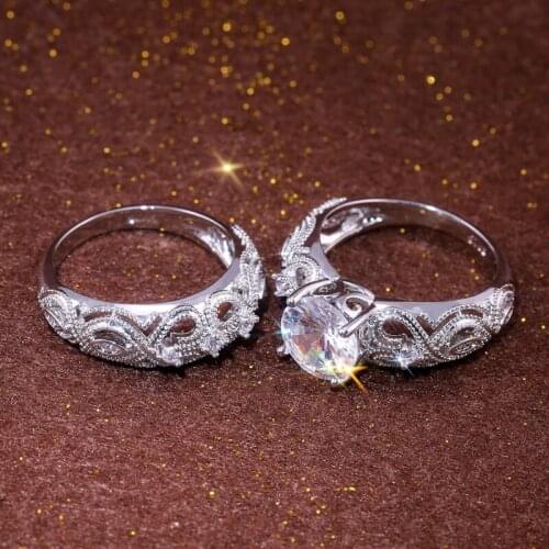 CAOSHI 2Pcs Gorgeous Hollow Pattern Design Ring for Women Round Cut Cubic Zirconia Band High Quality Jewelry Set Wholesale Bulk