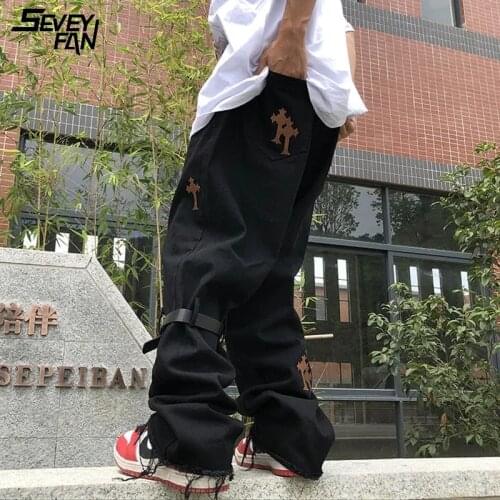 Streetwear Hip Hop Jeans Men Cross Embroidery Button Baggy Harajuku Denim Pants Hi Street Straight Loose Jean Trousers Fashion