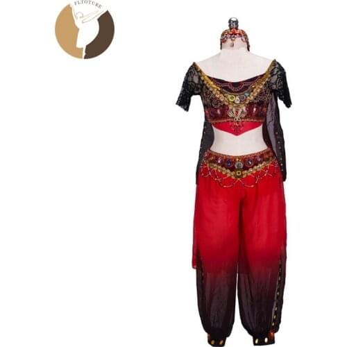 FLTOTURE Two-Pieces Arab Dance Costumes With Headwear La Bayadere Black Red Chiffon Pants For Ballet Performance Ballet Suit