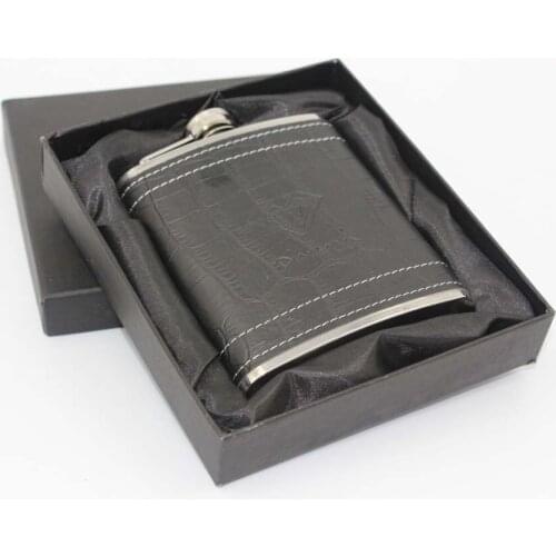 50sets/lot Package PU leather 7 oz stainless steel hip flask fine flagon stainless steel bottles Russia Gift Set