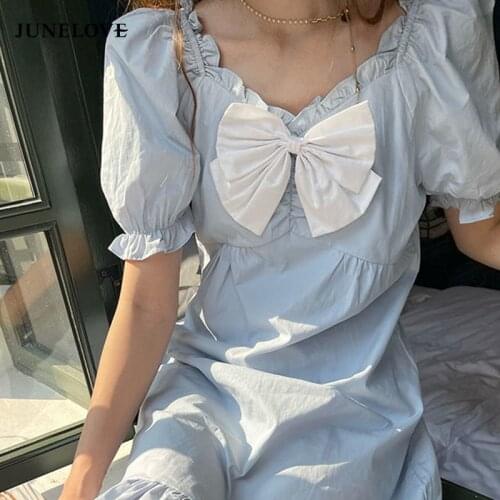 JuneLove Summer Solid Elegant Dress Women Bow Harajuku Sweet Fit Chic Ruffles Cute Dress Casual Holiday Pretty Party Dress 2021