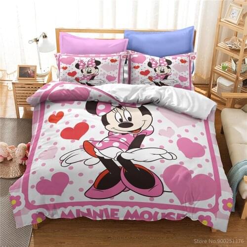 Minnie Mouse Bedding Set Queen King Disney Cartoon Mickey Mouse Duvet Cover Set Home Textile Bedclothes for Kids Girls Young Boy