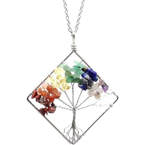 Chakra Square Shape Gems Chip Stone Tree of Life Irregular 7 Color Stone Pendant Healing Reiki Jewelry