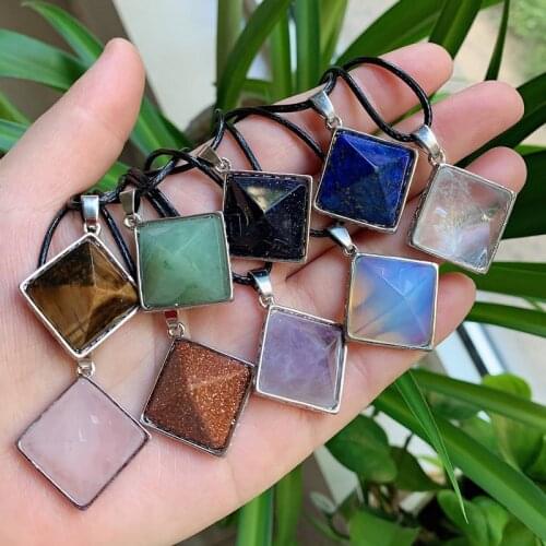 Healing Stone Jewelry Natural Crystal Necklace for Women Amethysts Lapis Opal Pink Crystal Pyramid Pendant Pendulum Necklace