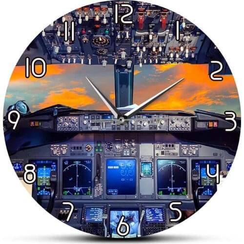 Airplane Cockpit Modern Design Wall Clock Sunset View Home Decor Clock Pilot Flight Deck Display Decorative Printed Wall Watch