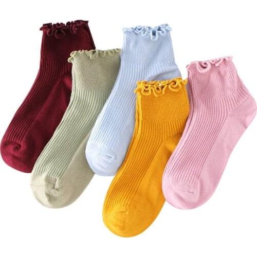 3pairs Women Socks Spring Summer Sock Cute Solid Color Double Needle Comfortable Fashion Frilly Cotton Cute Woman Sock Meias Sox