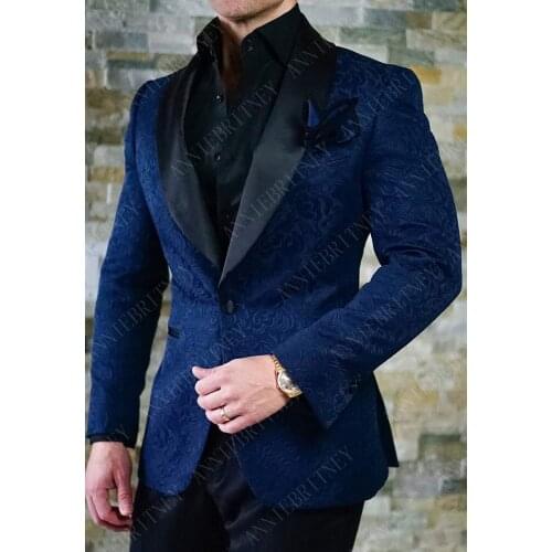 ANNIEBRITNEY New Navy Blue Jacquard Mens Suits Set Slim Fit Groom Tuxedo for Wedding Dinner Tailored Personal Size Blazer Pants