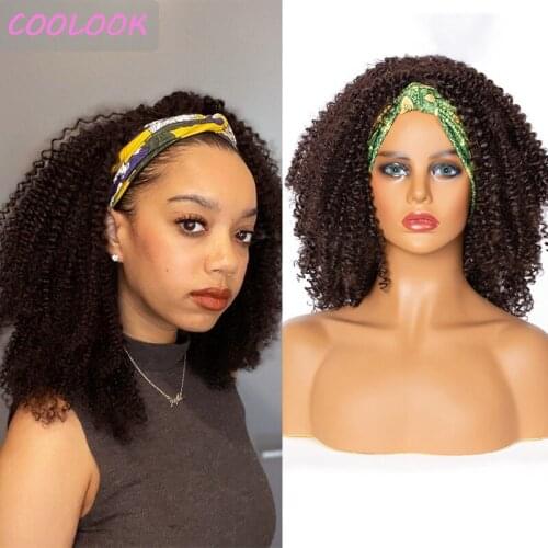 Puffy Deep Curly Headband Wig Short Afro Kinky Curly Brown Wigs for Black Women Natural Synthetic Jerry Curly Turban Wig Cosplay