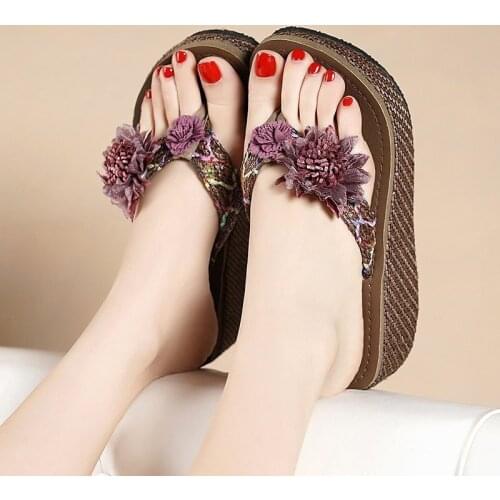 2021 Summer New Ladies Slippers Fashion Wedges Thick-soled Casual Shoes Beach Non-slip Slippers Sandals Flower Flip-flops