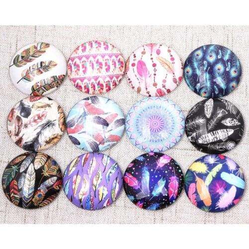 Onwear Mixed Color Feather Pattern Photo Glass Cabochon 12mm 20mm 25mm 16mm Diy Jewelry Findings For Earrings Pendants Making