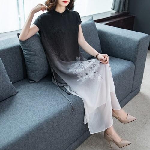 Pink Silk Dress Vintage improved Cheongsam Elegant Large Size 2020 Spring Summer New Womens Dresses X897