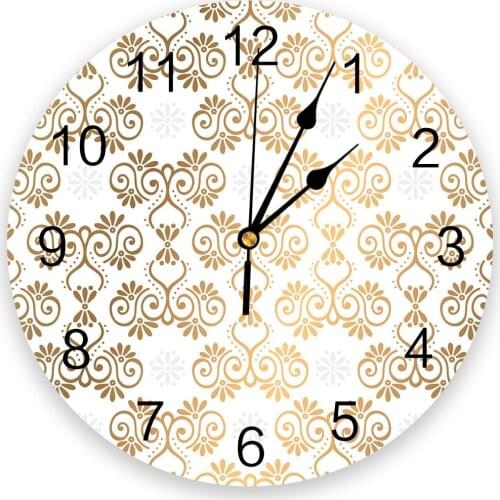Gold Moroccan Pattern Damask Print Wall Clock Wall Art Silent Non ticking Round Wall Watch for Home Decortaion Best Gift