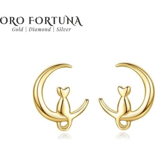 14K Gold Cute Cat on Moon Stud Earrings for Women