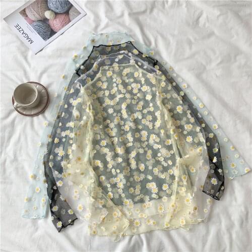 Summer Autumn Women Casual Mesh Pattern Daisy Flower Printed Blouse Tops Girls Mesh Shirts See Through Shirt For Female