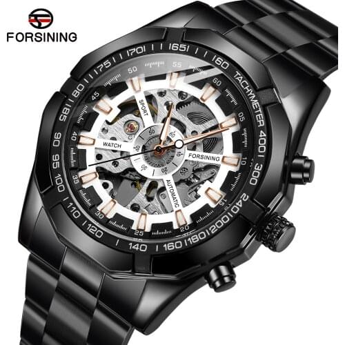 Forsining Tourbillion Black Gold Mechanical Skeleton Steampunk Design Mens Waterproof Automatic Sport Wrist Watch Top Brand