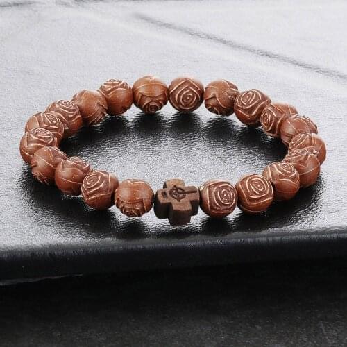 Men Religious Prayer Jewelry Natural Elastic Bangle Wood Rosary Beads Bracelets Wristband Cross Bracelets Gift heren MN48