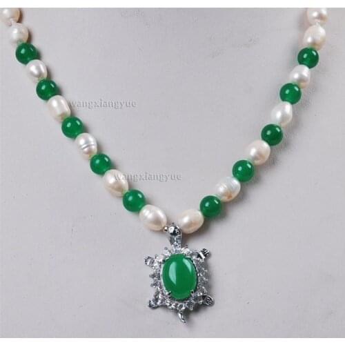 Hot sell N922 Real White Akoya Cultured Pearl/Green Jade Turtle pendant necklace