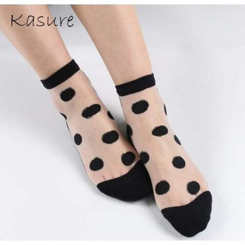 KASURE Spring Summer Ultra Thin Big Dot Socks Women Female Cotton Bottom Non-slip Fishnet Mesh Ankle High Socks Transparent