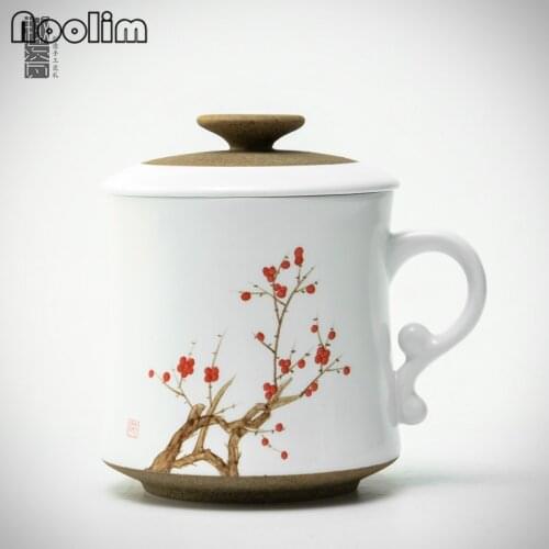 Chinese Elegant White Porcelain Teacups With Lid And Filter Office Coffee Mug High Quality Hand Painted Tea Cups Drinkware