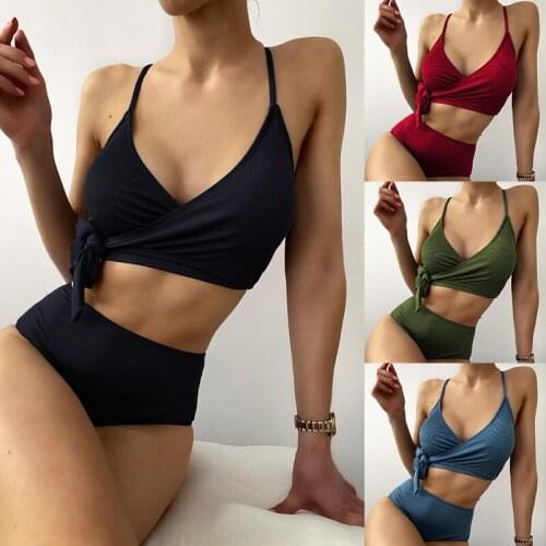 Solid Ribbed Mid-Waist Bikini Sets Female Tie Side Swimsuit Women Sexy Lace Up Two Pieces Swimwear 2021 New Beach Bathing Suits