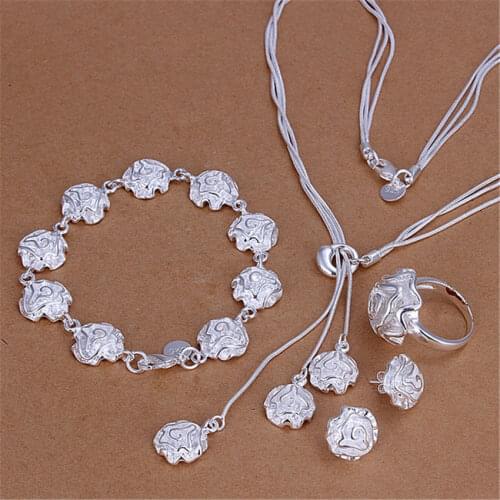 Fine women 925 sterling Silver rose flower rings Bracelets necklace earrings stud Jewelry set Pretty Fashion Party Holiday gifts