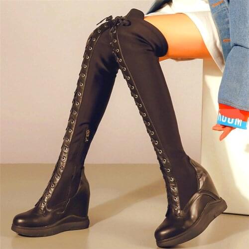 Fashion Sneakers Womens Genuine Leather Thigh High Boots Over the Knee Lace Up Punk Goth Party Oxfords EUR 34 -46