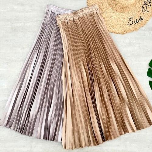 Summer Women Skirt Pleated Metallic Solid Color Long Skirt Midi High Waist A-line Saia Faldas Mujer Moda 2020