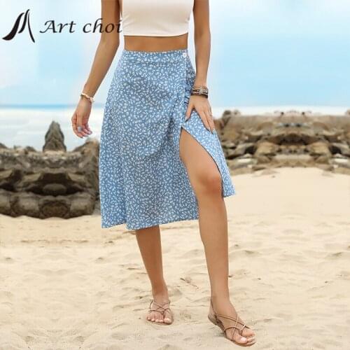 Summer Midiskirt Women Chiffon MIDI Slit Skirts High Waist Floral Print Fashion Beach Elegant Wrap Skirt Female A-line Outfit