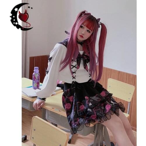 Japanese Harajuku Style Girls Rose Print High Waist Pleated Mini Skirts Gothic Punk Lolita Cake Mini Short Skirts JK Suits