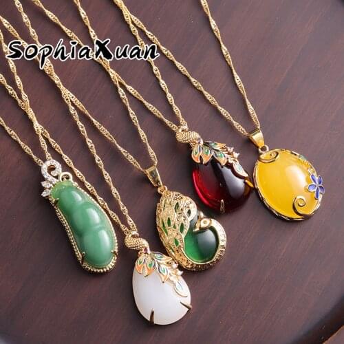 SophiaXuan Phoenix Colored Stones Chinese Pendant Neckalces Green White Purple Traditional Culture Jewelry New Style 2021 Trendy