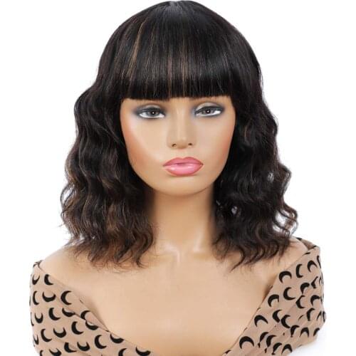Synthetic Short Bob Wigs with Bangs Body Wave Wigs for Black Women Short Wavy Bob Wigs with Bangs Daily Wear 10 12 14 inch