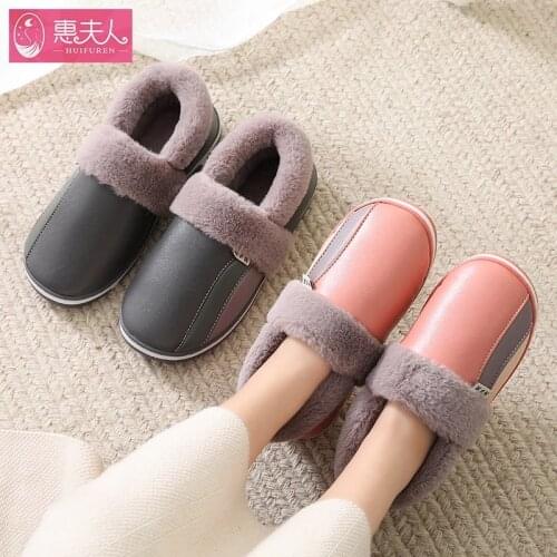Waterproof Indoor Shoes Woman Men Winter Home Slippers Faux Leather Warm Plush Lovers House Floor Slipper Anti-slip Footwear
