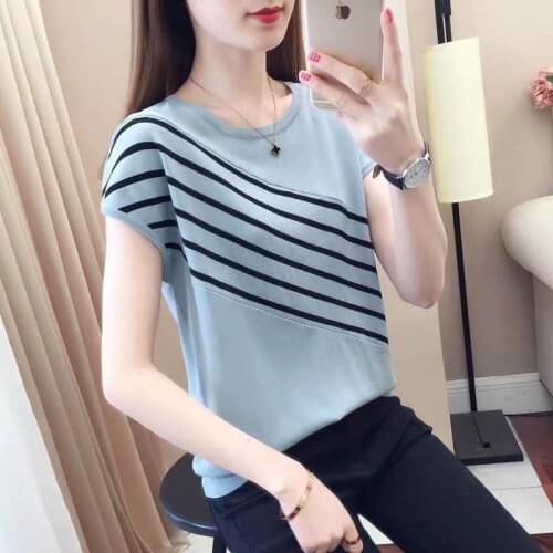 Viscose Fiber Knitted Short-Sleeved T-shirt Womens Summer New Fashion All-match Striped Bat Sleeve Thin Style as Background Top