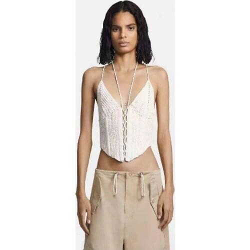 Ladies crocheted knitted lace-up 2021NEW summer knitted hollow camisole double shoulder strap small camisole bottoming blouse