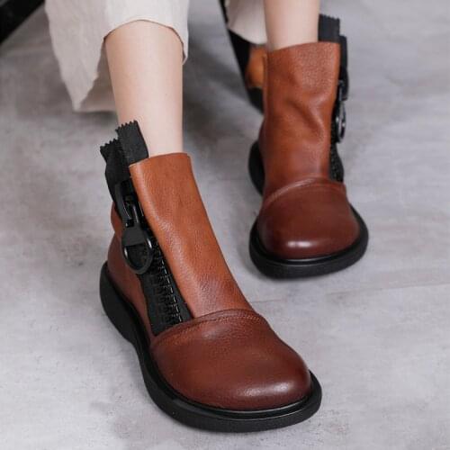 Original New Platform Women Boots Genuine Leather Boots Female Big Zip Round Toe Flat Shoes Handmade Ankle Boots Autumn/Winter