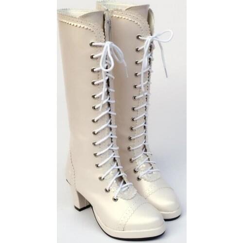 Womens Knee-High Japanese Style Sweet Flower Trim Lace Up Princess Boots Lolita Cosplay Boots Side Zip